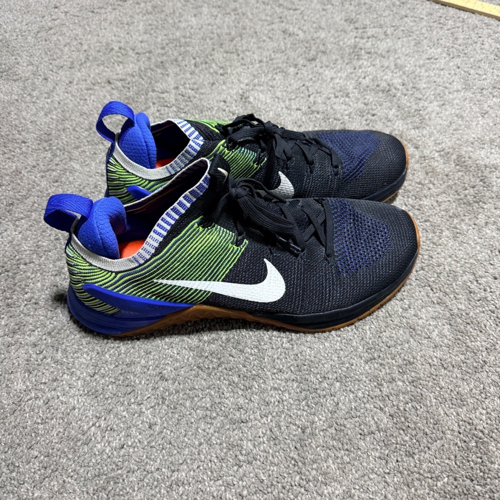 Nike Metcon DSX Flyknit 2 Mens 10 Black Blue Volt Gum Training Shoes 924423-008
